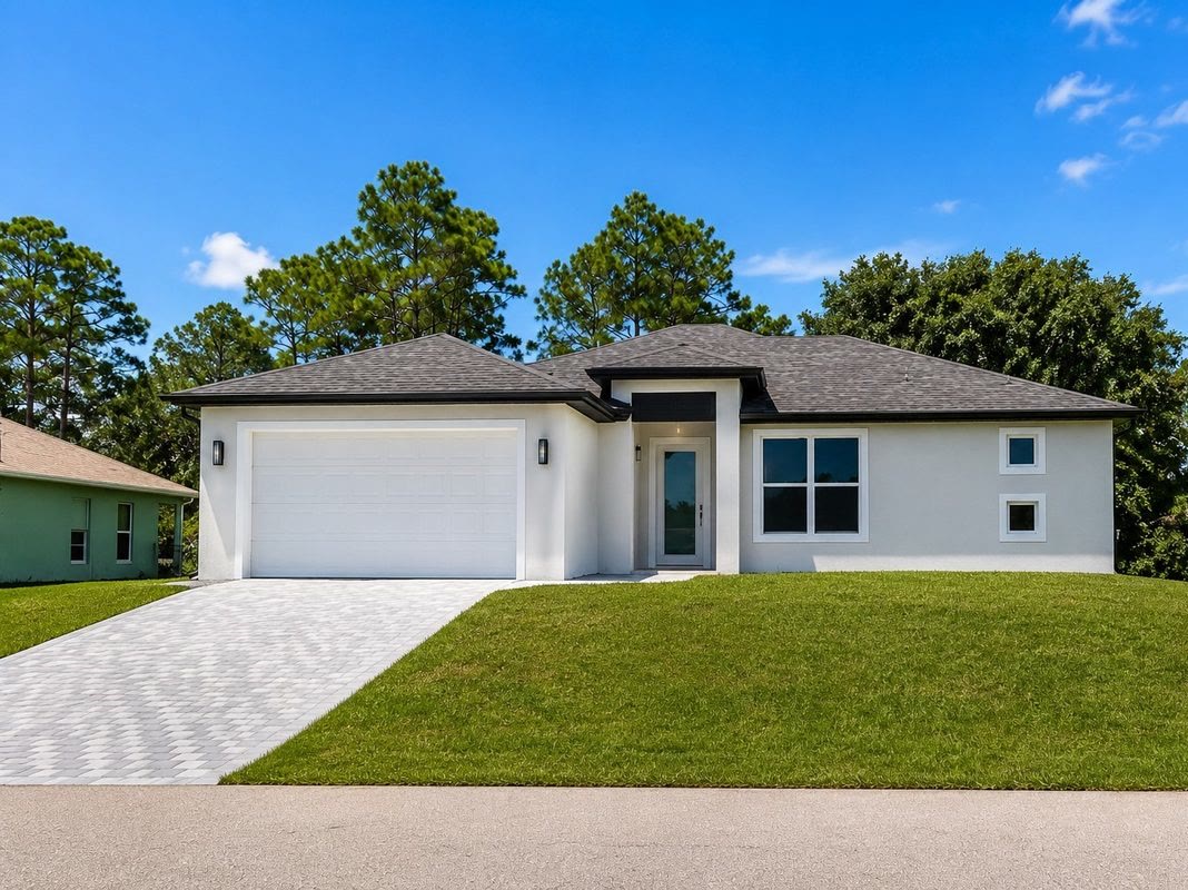 Fachada de una de las casas nuevas en Lehigh Acres