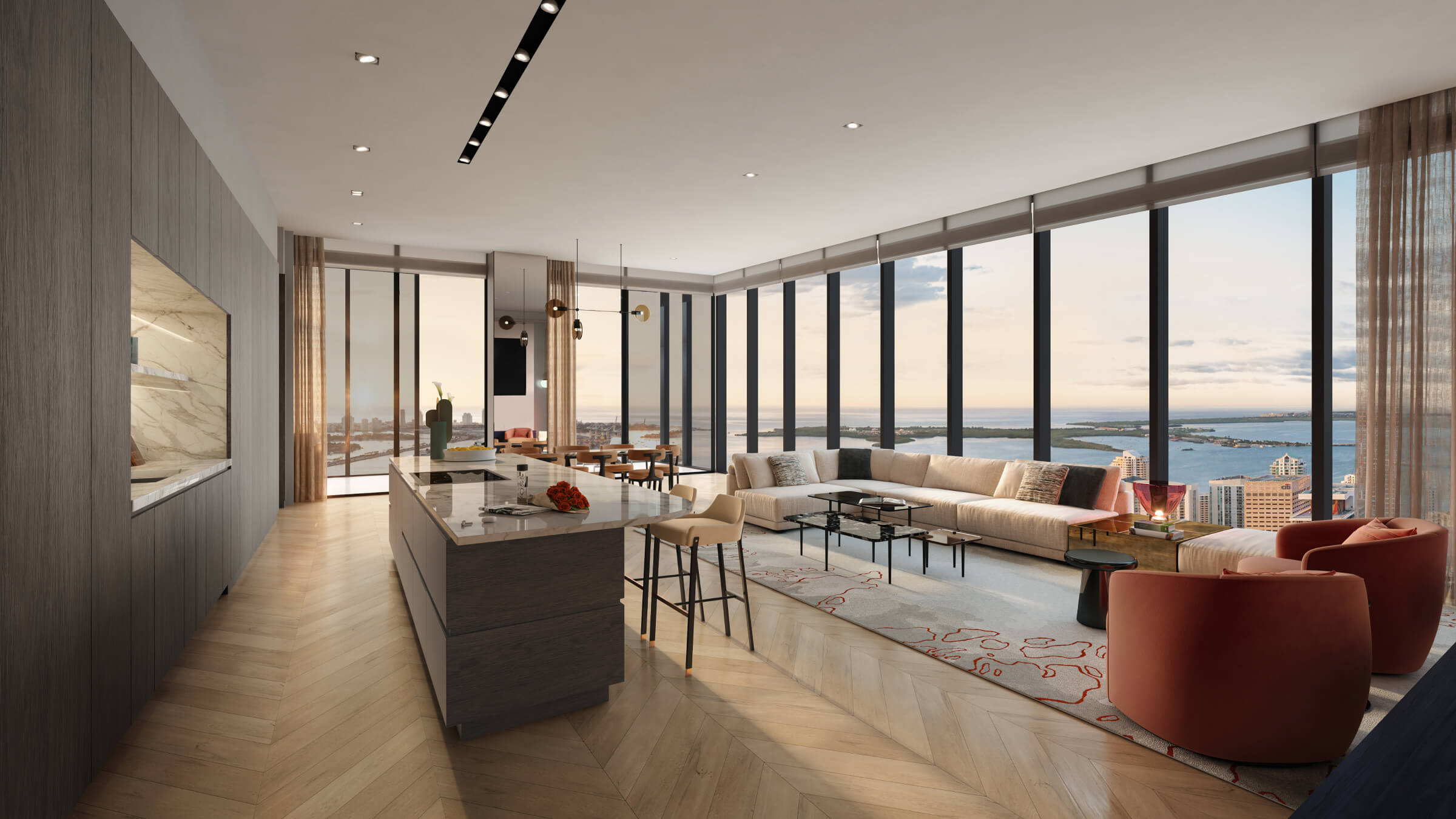 Great room con vistas a Biscayne Bay en Waldorf Astoria Residences Miami